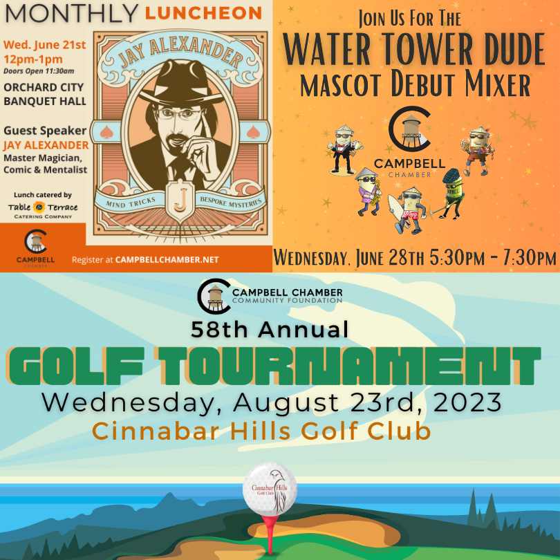Chamber Enews for the Week of June 12th through June 16th, 2023

Monthly Luncheon Next Wednesday with Master Magician Jay Alexander
Come Meet the Water Tower Dude as his Debut Mixer
Play, Sponsor or Volunteer - 58th Annual Golf Tournament

Get more info a
conta.cc/43FvT5B