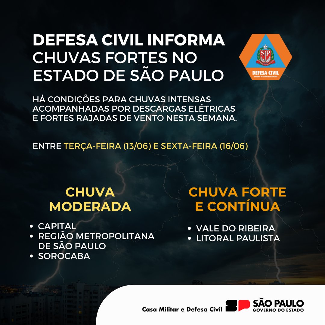 defesacivilsp's tweet image. ALERTA DE CHUVAS INTENSAS!🌧️ 

🚨Atenção, a @defesacivilsp alerta que entre terça-feira (13) e sexta-feira (16), há previsão de chuvas fortes e contínuas, acompanhadas por descargas elétricas e fortes rajadas de vento nas regiões em destaque.