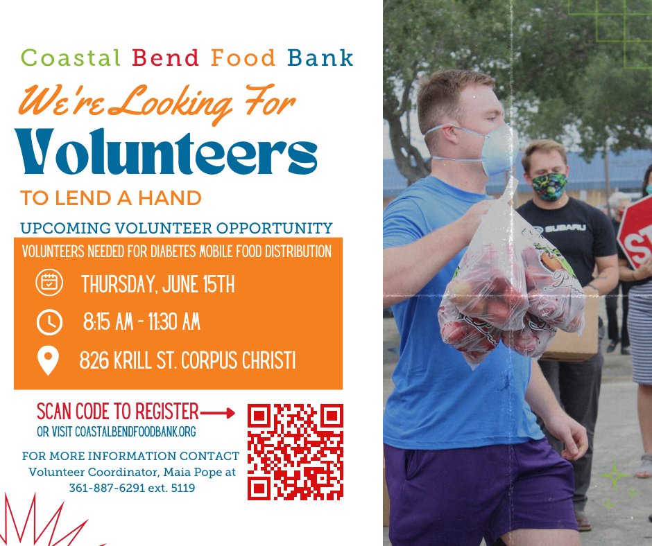 #CALLTOACTION 
VOLUNTEERS NEEDED! 
Diabetes Program Distribution
Thursday, June 15, 2023
8:15 am - 11:30 am
826 Krill St
PLEASE REGISTER AT cervistech.com/acts/console.p…...
For more information, contact Maia Pope, Volunteer Coordinator, at 361-887-6291
#VOLUNTEER #CBFB