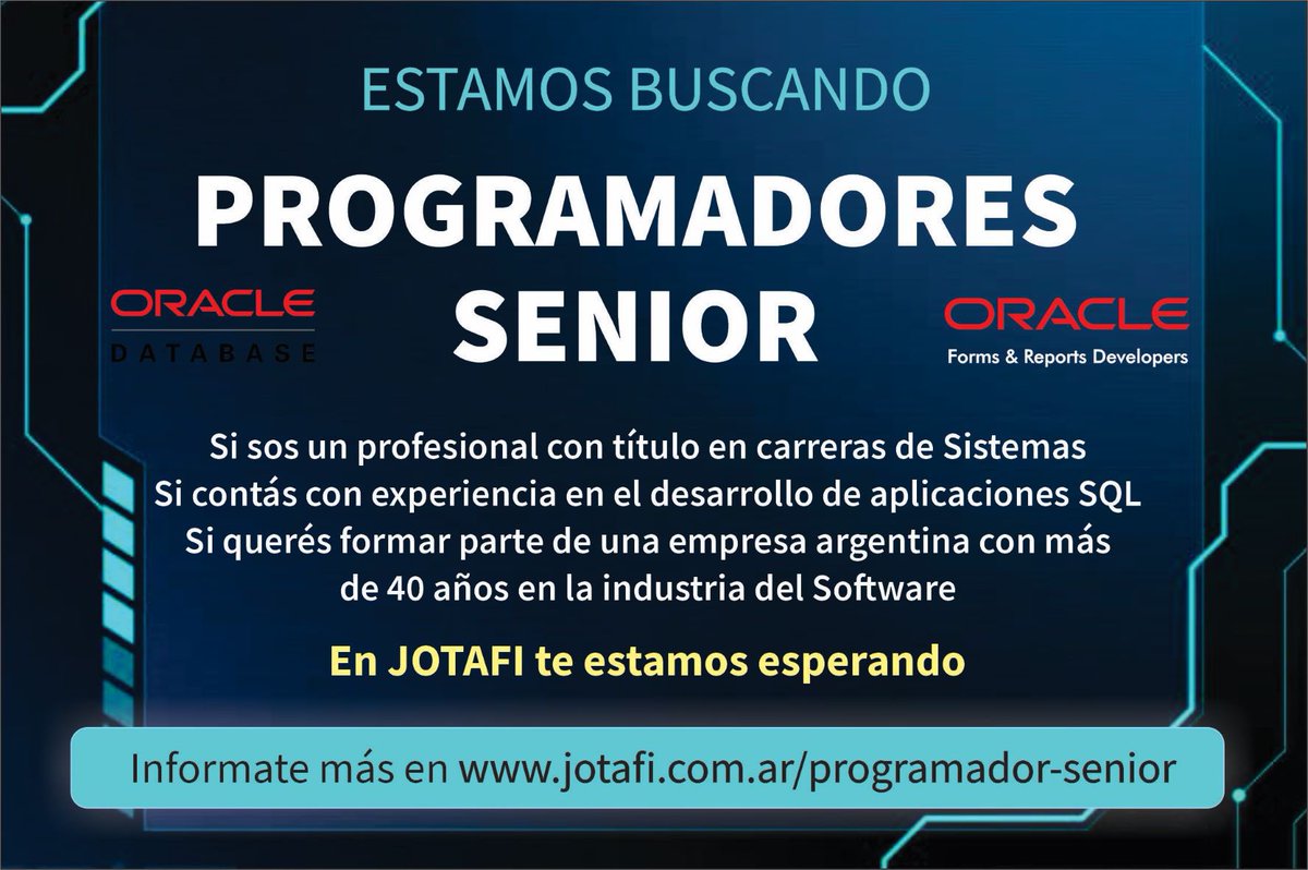 JotafiSA's tweet photo. Seguimos con nuestra búsqueda laboral #Software #Oracle #apex #sistemas https://t.co/MbzOelSm4L