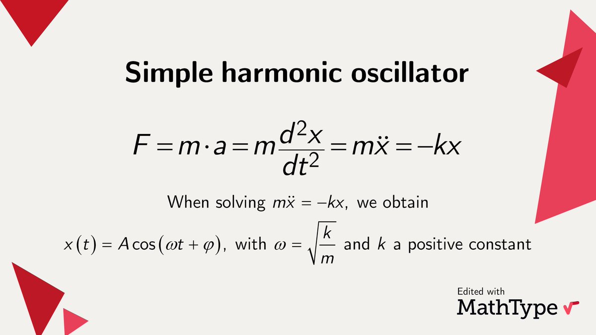 A simple harmonic oscillator consists of a mass m that, when displaced from its equilibrium position, experiences a restoring force F. This force depends only on the position x of the mass and a constant k.

#math #mathematics #mathproblems #mathfacts #mathformula