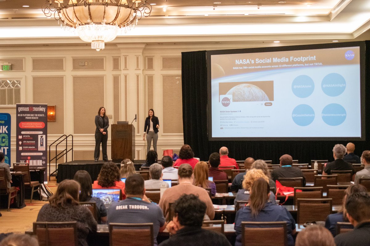 TACCMarketers's tweet photo. To the moon! Our opening keynote speakers, Chelsey Ballarte and Jaden Jennings, are public affairs specialists from @NASA_Johnson with unique insights on ways you can boost your social engagement.

The perks of hanging out with us! #TACCMSweet https://t.co/dQt06OEgoX
