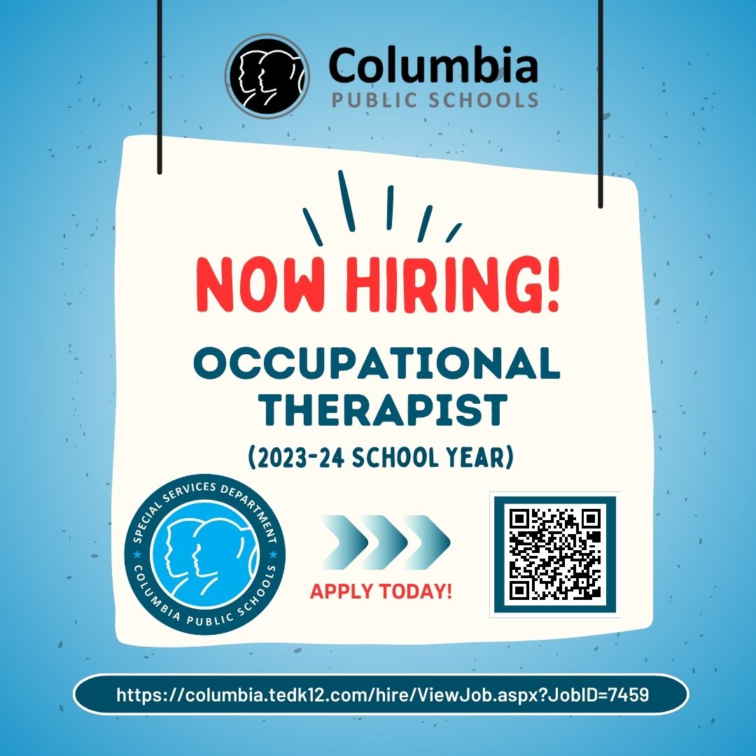 Columbia Public Schools is in search of Occupational Therapists who would like to join our team! Apply today or share with someone who may be interested! columbia.tedk12.com/hire/ViewJob.a… #CPSBest #ScholarsFirst