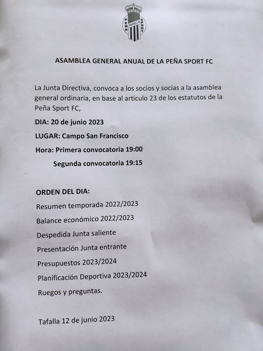 Información importante.

Convocada la Asamblea General de la <a href="/PenaSportFC/">PEÑA SPORT FC</a>