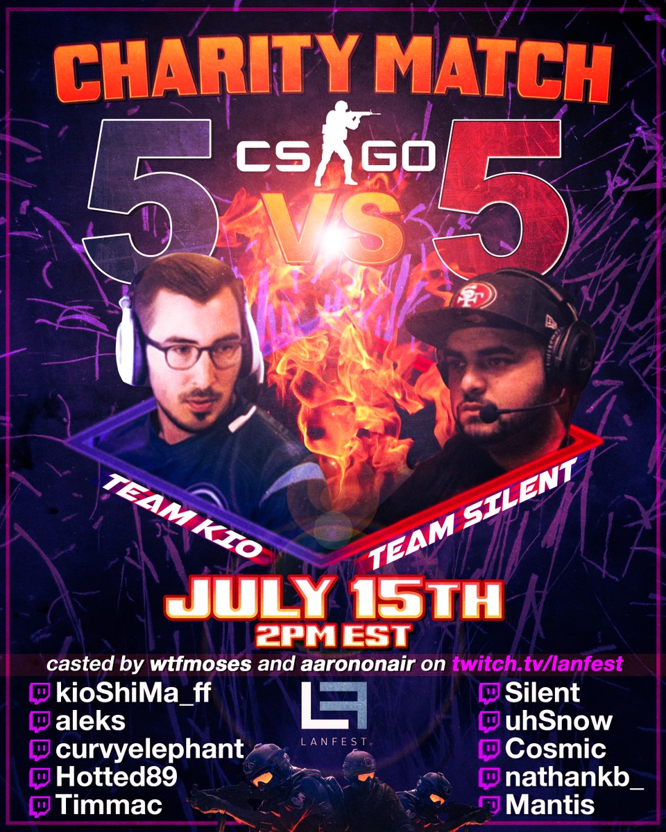 Alright, after a ton of work, it's finally time to announce it.

With the help of <a href="/uhSnoww/">Snow</a> and <a href="/NathanKb_/">Nathan</a> we're happy to announce the first Charity 5v5 CSGO Match.

Team <a href="/kiocsgoo/">kioShiMa</a> vs Team <a href="/SileNtCSGO/">SileNt</a> 

(Art credit <a href="/purpleaxel/">Axel</a> )