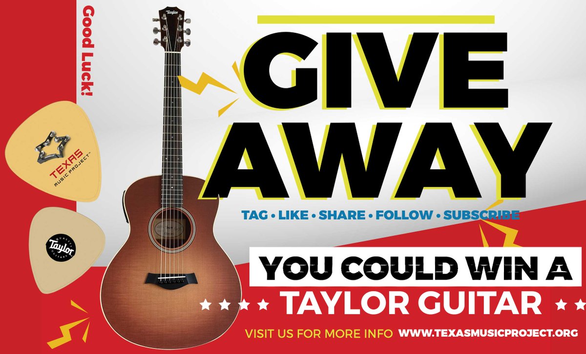 🎉🎸Guitar Giveaway Alert!🎸🎉 Enter our giveaway for a chance to win a brand new Taylor guitar and support music education for children. Visit our website for more details  🎶 zurl.co/pWX2

 #GuitarGiveaway #SupportMusicEducation #TexasMusicProject