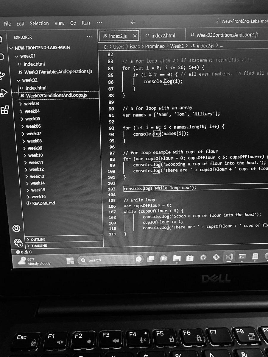 and_zekesays's tweet image. Week 2 of this Front End Software Development bootcamp getting a bit more familiar with JavaScript conditions and loops. Feels good! #PromineoTech