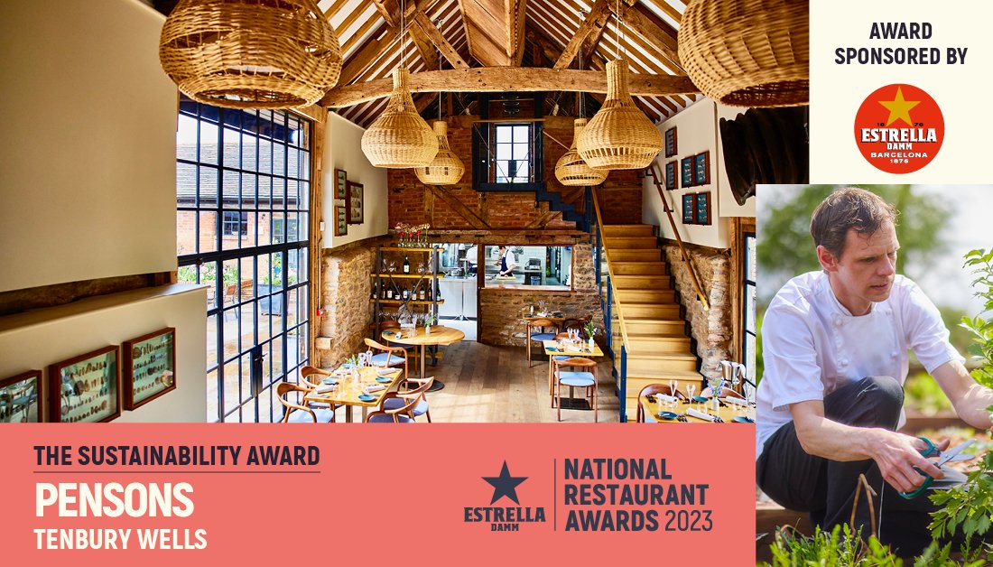 The Sustainability Award this year goes to PensonsUK. Located on the Netherwood Estate, Pensons has made great strides in terms of its sustainable approach since it opened in 2019. @the_SRA @EstrellaDammUK #NationalRestaurantAwards