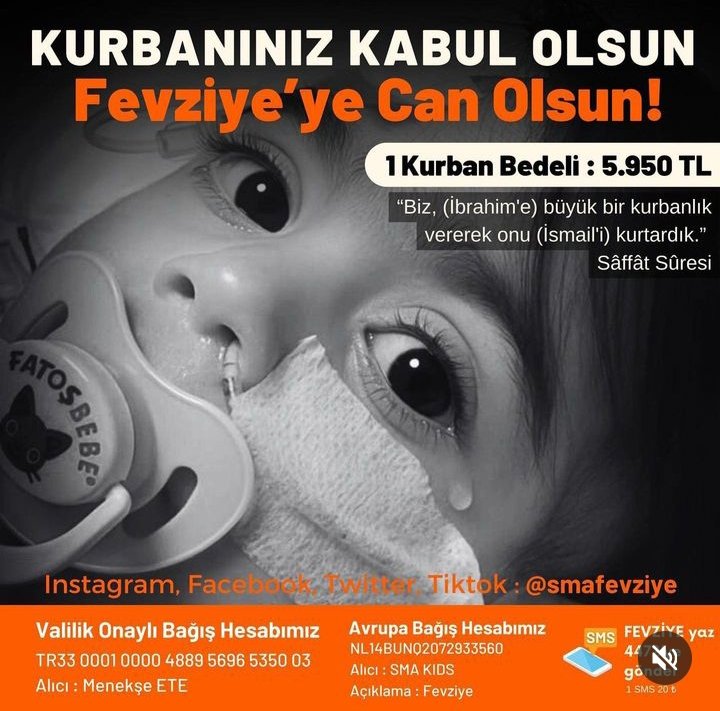 Bağışlarınız bir bebeği yaşatacak lütfen Fevziye ye destek olun
Valilik izinli IBANlar
  TR33 0001 0000 4889 5696 5350 03
Alıcı : Menekşe ETE  Açıklama:Fevziye
🇪🇺 IBAN: NL14BUNQ2072933560 
Alıcı: SMA Kids Açıklama: Fevziye
Swift-Bic:BUNQNL2A
#MaviyeSürgün 
#500LiranınÜstünde