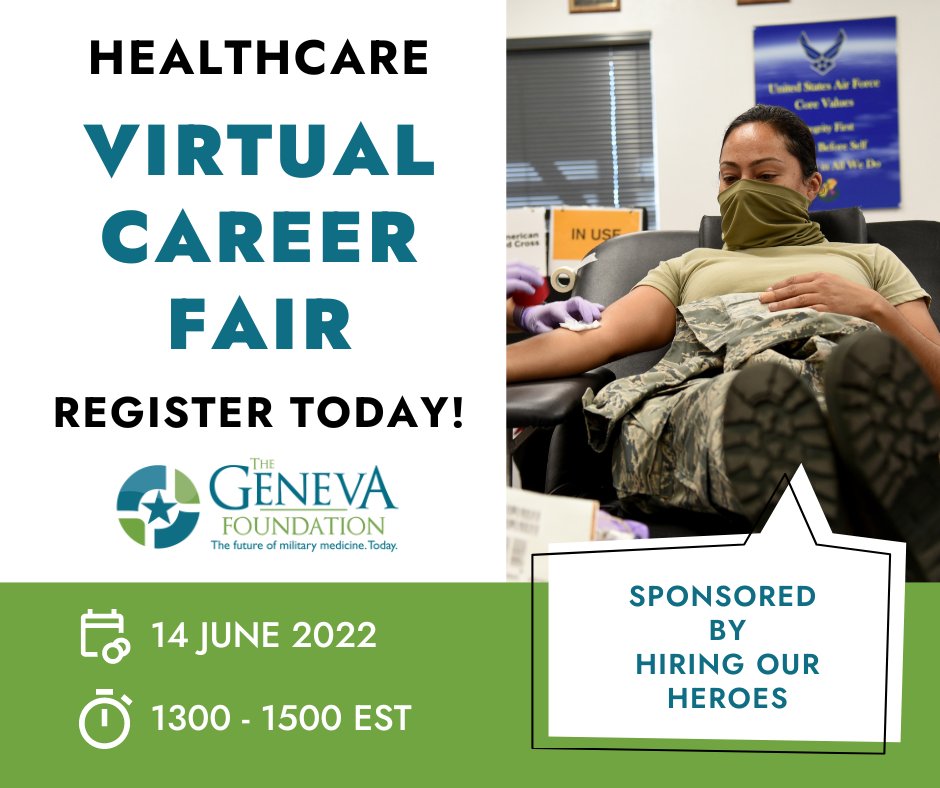 Are you a member of the military community that is interested in healthcare careers? Check out Hiring Our Heroes' virtual healthcare hiring fair on Wednesday from 1:00pm to 3:30pm EST!

bit.ly/3NpmglS

#TeamGeneva #milmed #hiringourheroes #virtualcareerfair