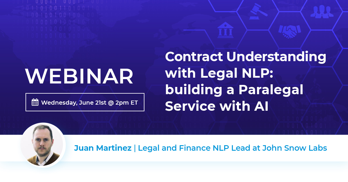 JohnSnowLabs's tweet photo. Don’t miss - ‘Contract Understanding with Legal NLP: building a Paralegal Service with AI’ on Wednesday, June 21st at 2pm ET by Juan Martinez, Legal and Finance NLP Lead at John Snow Labs
https://t.co/DYAC1nRj8G
#LegalNLP #MachineLearningLegal #legaltech #AdvancedAnalytics https://t.co/Y9CcOzhnO2