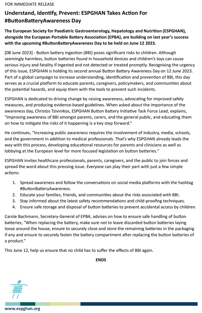 NASPGHAN's tweet image. Today is #ButtonBatteryAwarenessDay, part of a global campaign to increase understanding, identification, and prevention of button battery ingestion (#BBI).

Learn more on the @ESPGHANSociety website: espghan.org/knowledge-cent…