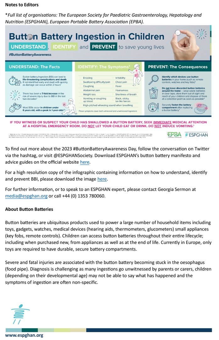 NASPGHAN's tweet image. Today is #ButtonBatteryAwarenessDay, part of a global campaign to increase understanding, identification, and prevention of button battery ingestion (#BBI).

Learn more on the @ESPGHANSociety website: espghan.org/knowledge-cent…