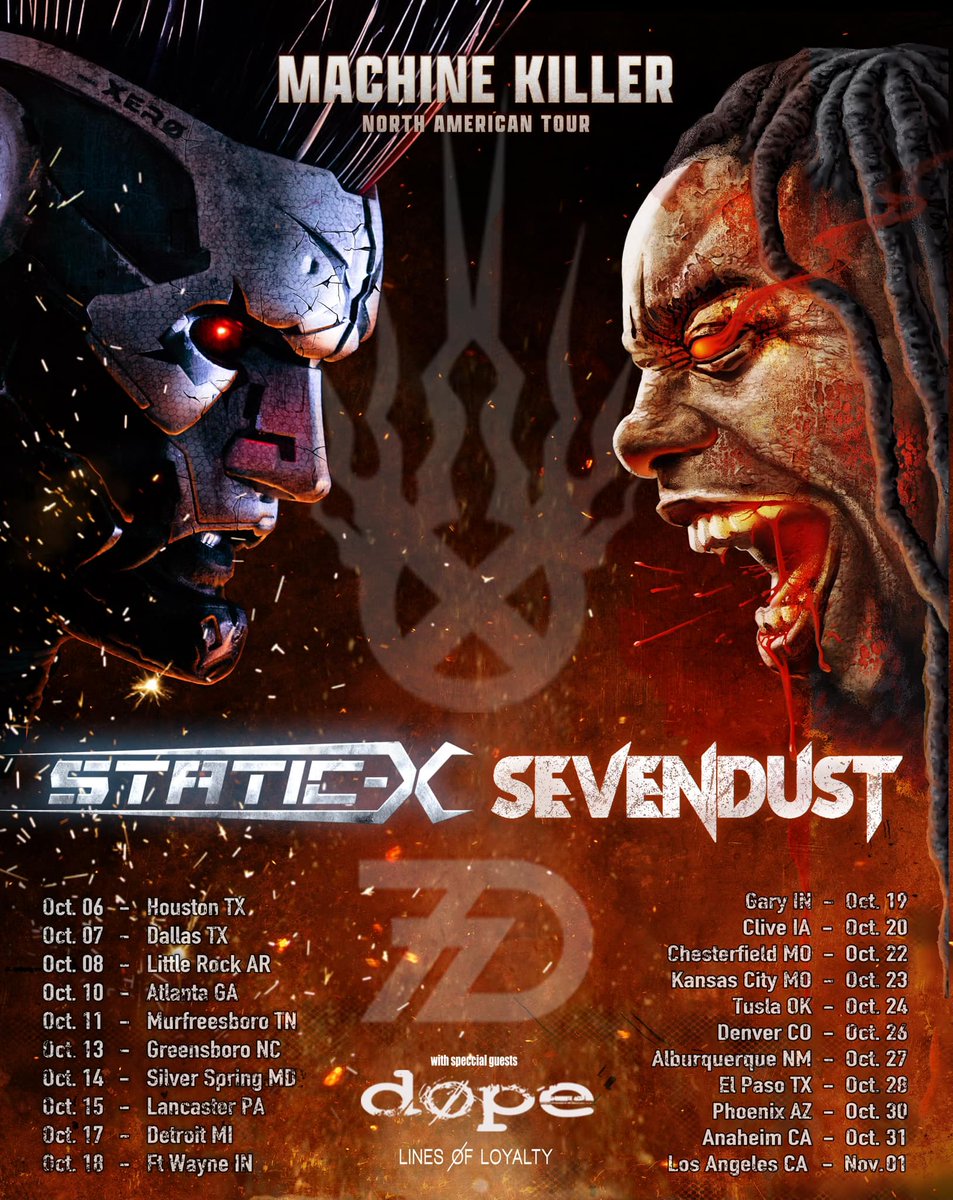 . @OfficialStaticX will be joining forces with @Sevendust for The Machine Killer North American tour this fall

Find out more here → knot1.co/3qzzQKt
