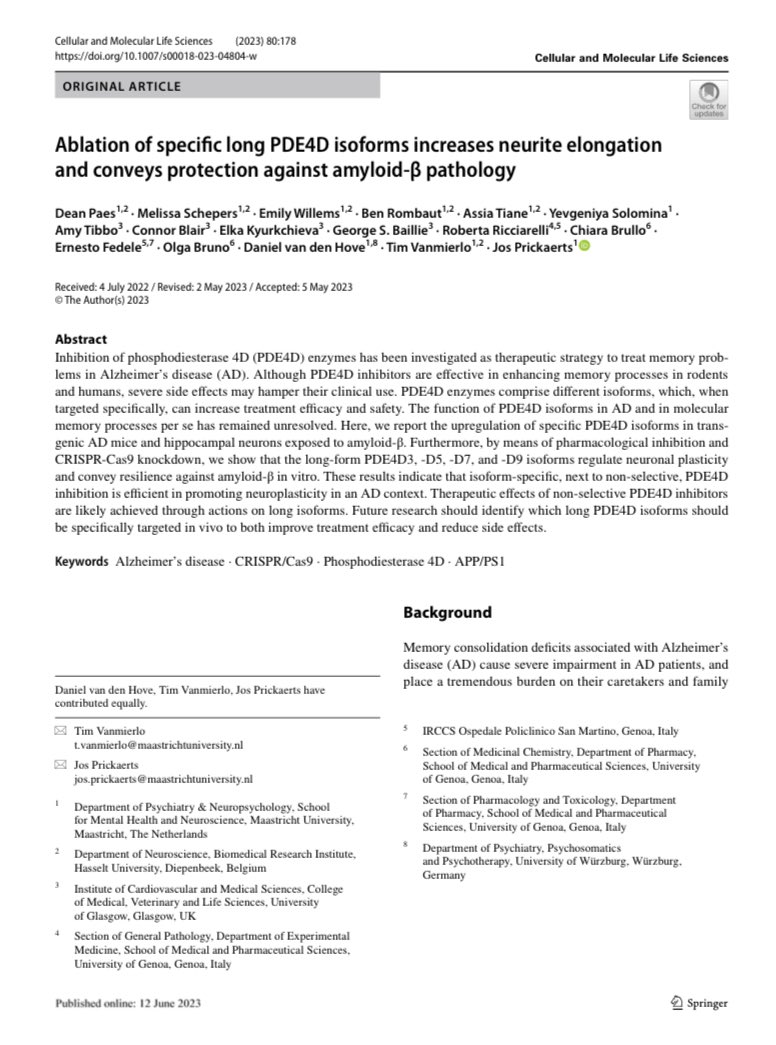 Starting off the week on a good note!! 🥳 Check out another one of our newly published papers about how PDE4D isoforms affect neurite elongation, specifically in the context of Alzheimer's disease. @VanmierloTim @MaastrichtU @BIOMED_UHasselt link.springer.com/article/10.100…