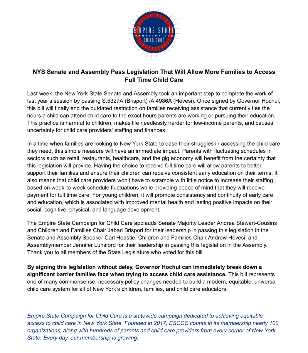 EmpireStateCCC's tweet photo. 🆕The NYS Legislature passed a bill that will end the practice of tying the hours a child can attend child care to the exact hours parents are working or pursuing education for families receiving assistance. #NYSUniversalChildCare
Our statement: https://t.co/qAIXZIeyqT https://t.co/1SA6yS7Fq2