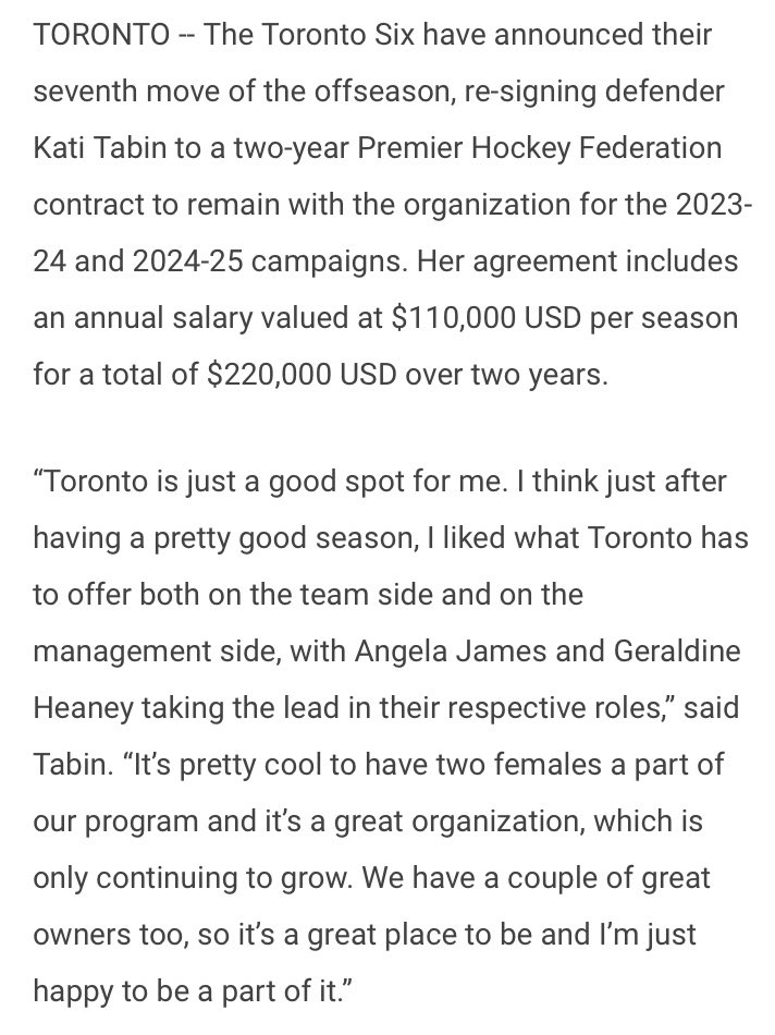 #PHF news - <a href="/TheTorontoSix/">Toronto Six 🏆</a> have re-signed defender&amp; Isobel Cup champion Kati Tabin (<a href="/kati_tabin/">Kati Tabin</a>) to a 2-yr deal ($110,000 per season). In 33 career games w/#T6🍁 &amp; #CTWhale🐳 she has 19 pts (4g-15a) + 4 pts (1g-3a) in 4 playoff games.