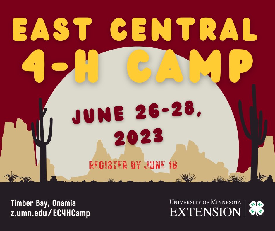 Sherburne4H's tweet photo. #GiddyUp the deadline to register for East Central 4-H Camp is Friday! June 26-28 at Timber Bay in Onamia. This overnight camp is open to all youth that have completed grades 3-8. Transportation available. Learn more and register in 4HOnline! https://t.co/GJ7koUMYXX https://t.co/4dcPbie8mS