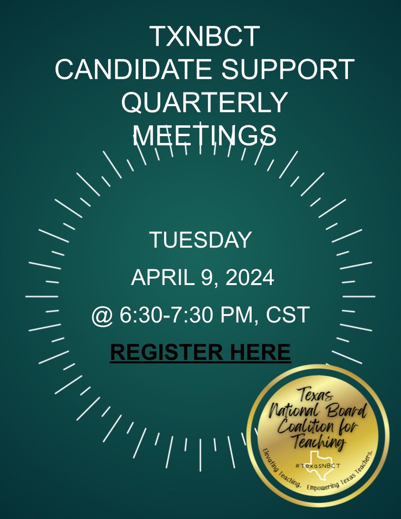 If you are interested in supporting Texas National Board Candidates, please join us for our Quarterly Candidate Support Committee Meeting.
@TexasNBCT @NBPTS @everydayiteach @MrsMata_NBCT @blancagalvezp @maestrarawls @susingh65_singh @dmarigutierrez @RebeccaPalaci11