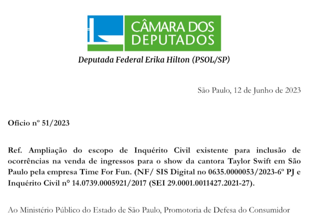 CAMBISTAS NO SHOW DA TAYLOR

Após muitos pedidos, oficiei o Ministério Público de SP por ocorrências envolvendo ingressos pro show da Taylor Swift

Pedi que se amplie o escopo da investigação já existente, do show da RBD e Eventim, pra que incluam o show da Taylor Swift e a T4F