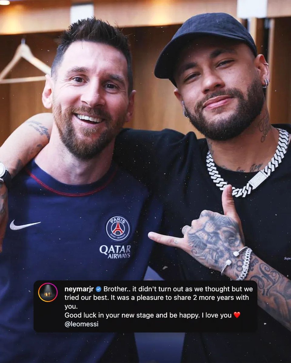 cornerkicks365's tweet photo. Neymar Jr.'s farewell message to Leo Messi ♥️

#Messi𓃵 #UCLfinal https://t.co/Chtznq1yzd
