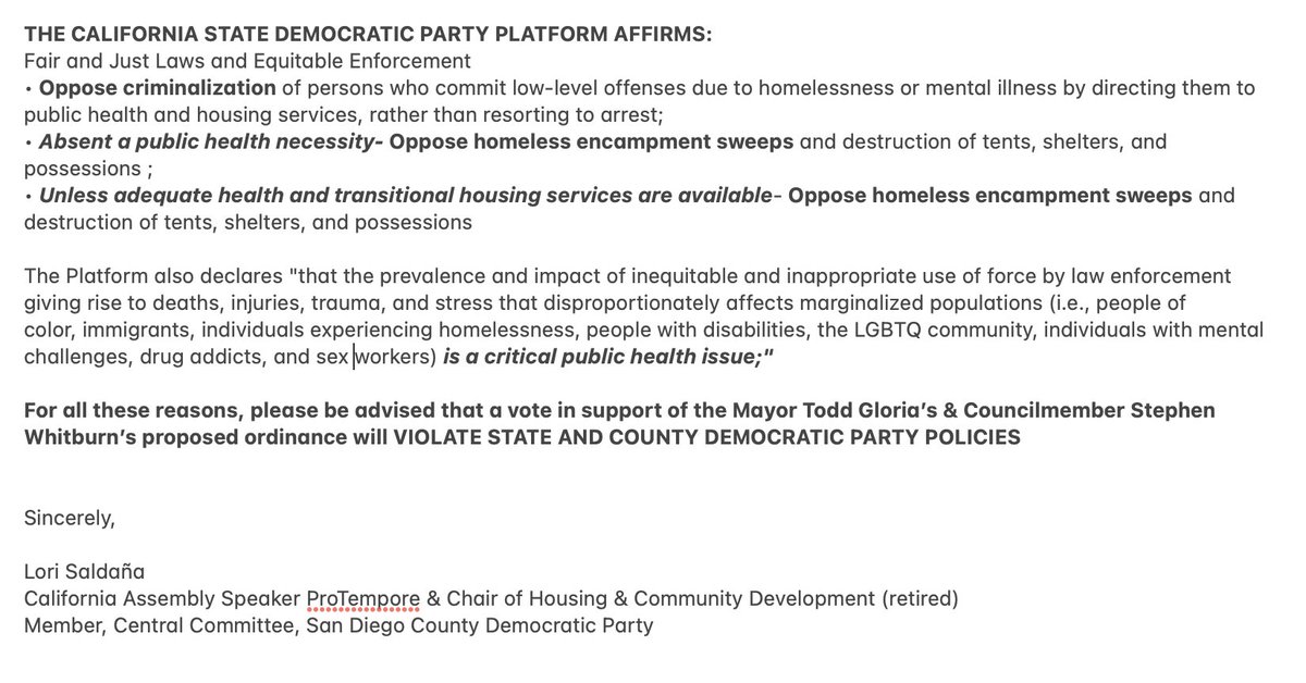 Today I will be submitting the following letter to @MayorToddGloria and members of the @SDCityCouncil who identify as 'Democrats'

If Enacted: The Proposed Encampment Ban will Violate State and County Democratic Party Policies re:the Treatment of Unhoused People

June 12, 2023…