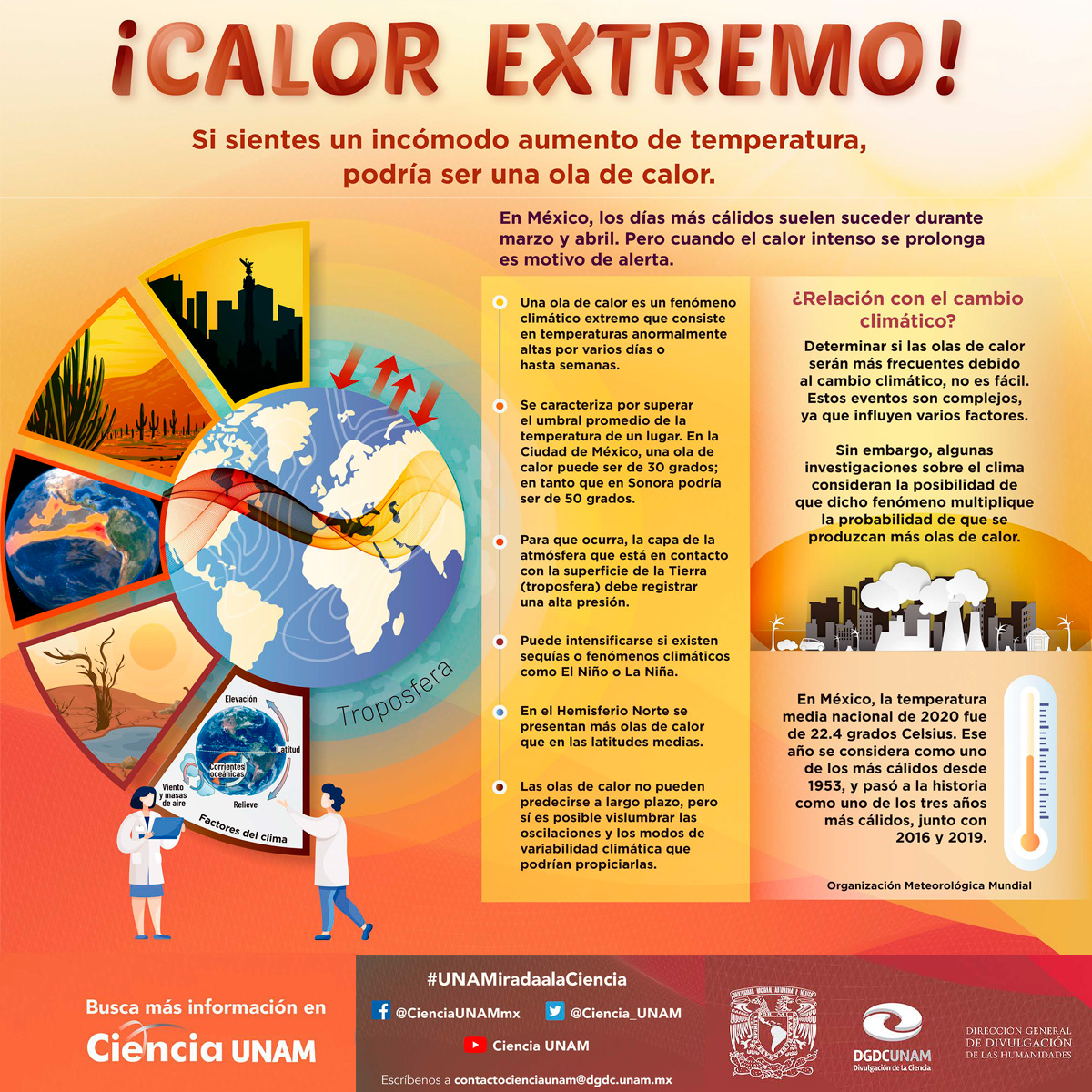 Ciencia_UNAM's tweet photo. #UNAMirada a la ciencia | #Calor extremo
Los registros de la Organización Meteorológica Mundial muestran que los días #cálidos son cada vez más frecuentes y esta tendencia irá a la alza, según sus pronósticos.
¿Cómo protegerte de las #OLASDECALOR? 
https://t.co/B8rYw897nJ https://t.co/sBpnhC0cnQ
