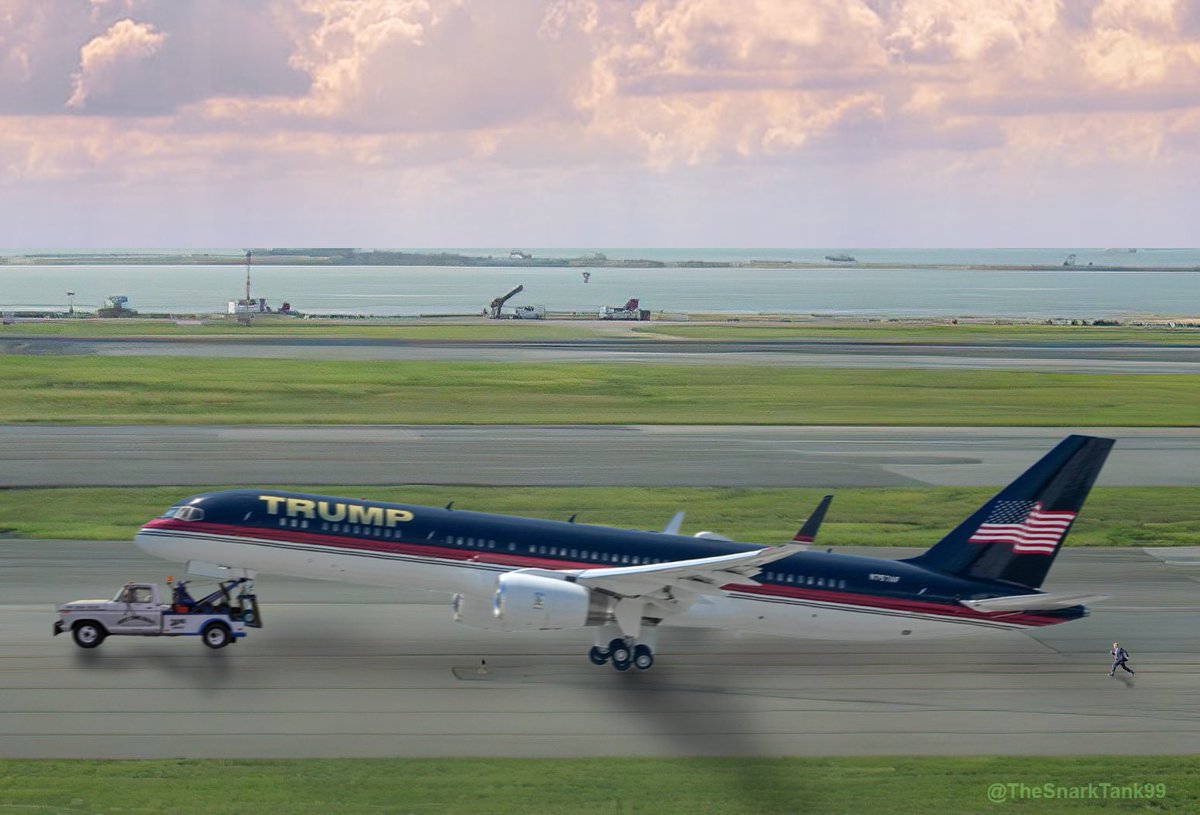 BREAKING NEWS:  After arriving at Miami Intl. Airport, “Trump Force One” immediately impounded by Federal Marshalls due to deemed flight risk. Trump seen chasing plane down tarmac, yelling.
#TrumpArraignment #Indictment2 #Parody #Sorry