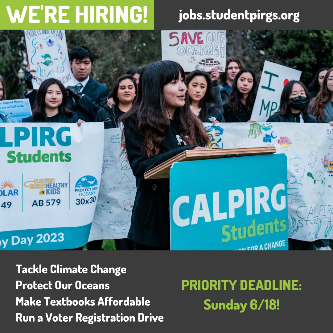 We’re hiring across the country!

If you are ready to recruit, train, and develop the next generation of leaders as we tackle the biggest issues of our time, you should become an organizer with the Student PIRGs! jobs.studentpirgs.org