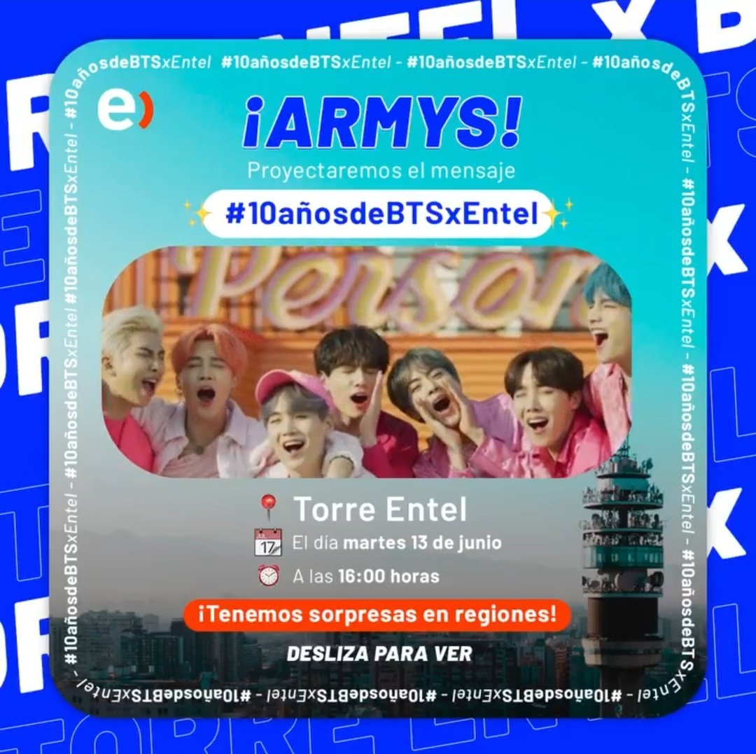 armychilensis's tweet photo. 13 de junio 
#10AñosDeBTSxEntel @entel

⏰️ 16 hrs: saludo en Torre Entel

⏰️ Desde las 12 hrs: saludos en las pantallas en diferentes zonas de Santiago y regiones.

#10yearswithBTS @BTS_twt

https://t.co/ji9FFv8tYq https://t.co/17eboxgXu0