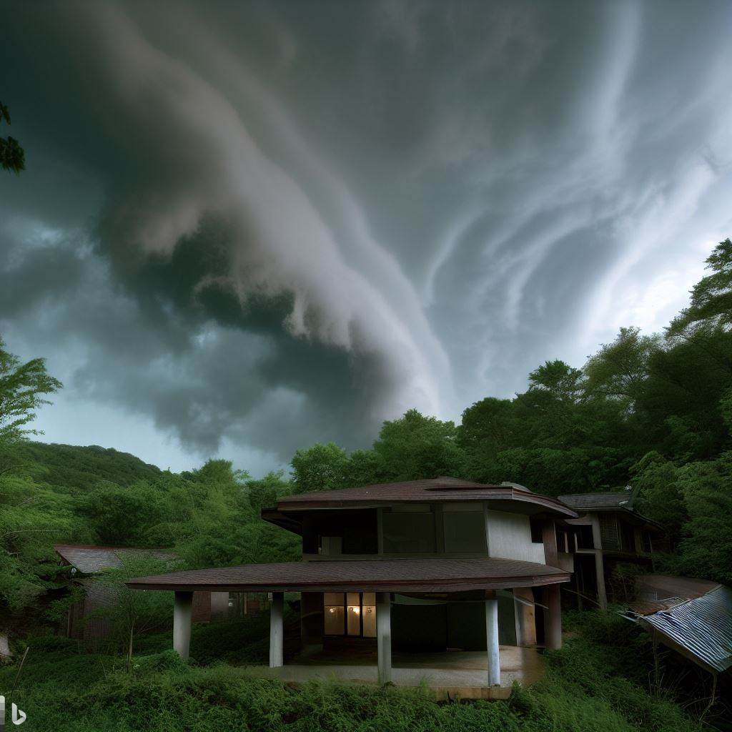 Another Japanese-inspired house facing down a derecho in Middle Tennessee; the surreal alien geometry generated by AI doesn't seem at all out of place amid the ominous shelf cloud and the accoutrements of abandonment. Further north and it could be H.P. Lovecraft country.

#art… https://t.co/rRbUi4wTtn https://t.co/dZQMfbrCaq