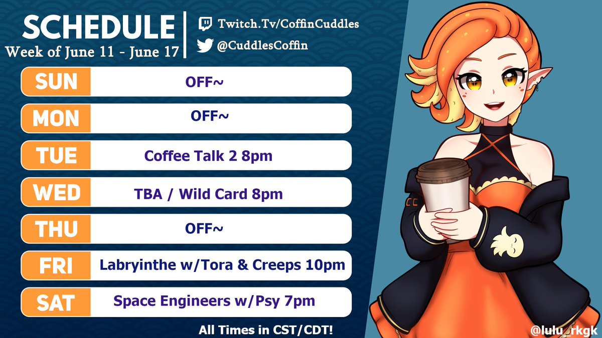 CuddlesCoffin's tweet image. Schedule! ♥ Peep it~ twitch.tv/coffincuddles ♥

 #VTuber #VirtualCreator #Contentcreator #VTuberEN