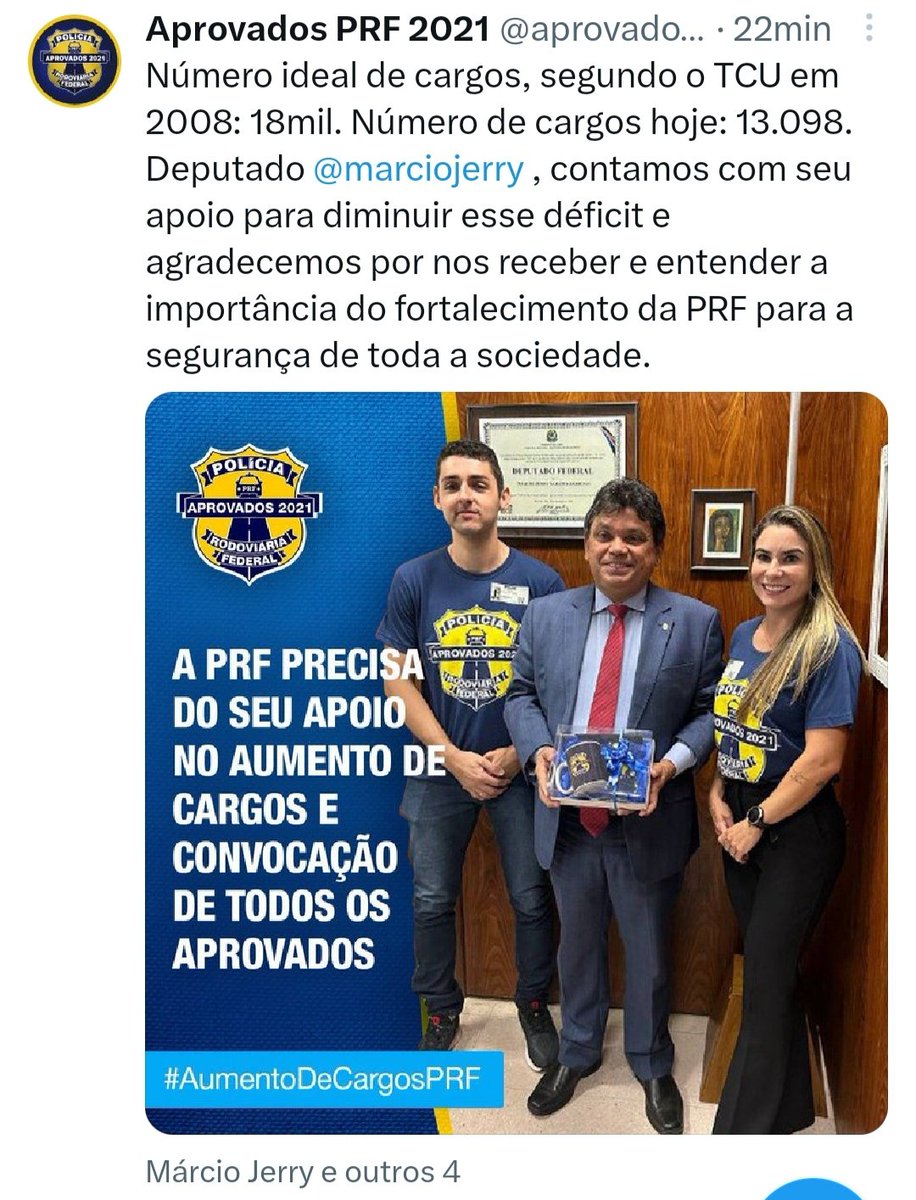 PrfLidia's tweet photo. Uma das soluções para a redução das mortes no trânsito está no aumento de efetivo da PRF. Mais agentes nas rodovias federais garantirá mais segurança no trânsito do país! @marciojerry #AumentoDeCargosPRF https://t.co/0QvPUQemWz