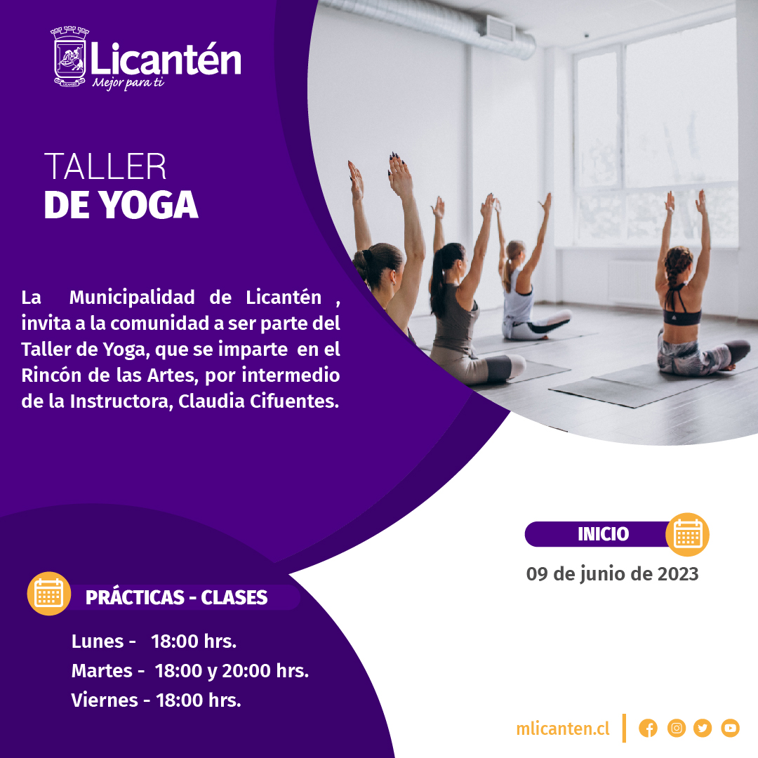 🧘TALLER DE YOGA🧘‍♀️ 

Te invitamos a ser parte del Taller de Yoga Municipal, que se impartirá en el Rincón de las Artes, junto a la Instructora Claudia Cifuentes.

🫰¡Están tod@s invitad@s! 🫰

#yoga #LicanténMejorParaTi