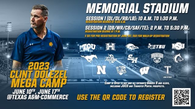 Time to sign up for the June 17th Clint Dolezel Mega Camp. Use the barcode or sign up at TAMUC Football Camps.