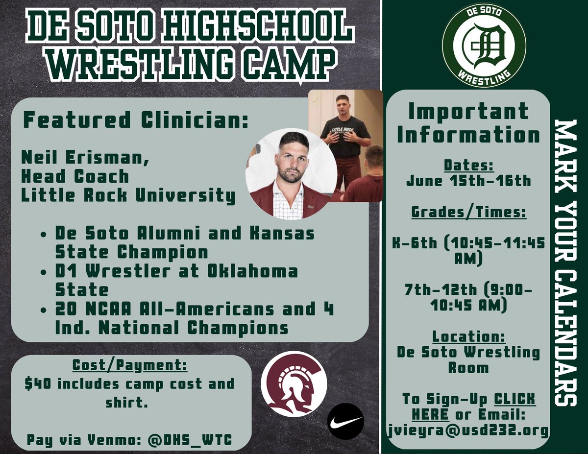 We are 100% #ROCKedUp this week in De Soto! 

Conner Ward will lead open mats TOMORROW from 9-10:30 AM

Camp with @CoachErisman on Thursday and Friday… 65 signed up, but room for more 👀

What’s your commitment to.. being average or being GREAT?

#WildcatPride  I  #OurStandard