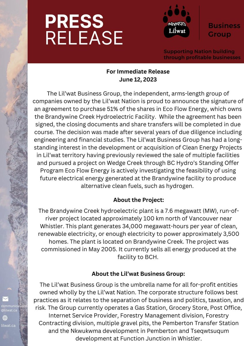 LilwatNation's tweet photo. Áma sq̓it | Good day,

The Líl̓wat Business Group has agreed to purchase 51% of the shares in Eco Flow Energy. Read the Press Release below.🤝

Kúkwstum̓ckal̓ap | Thank you https://t.co/FXkhhs5hYY