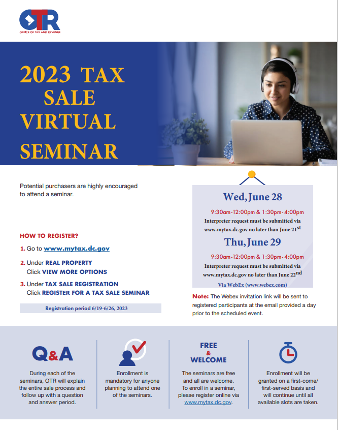 OTR is conducting two online seminars, via WebEx, to explain the Tax Sale process to prospective bidders.

Wednesday, June 28: 9:30am -12 pm &amp; 1:30 pm - 4 pm
Thursday, June 29: 9:30am - 12 pm &amp; 1:30 pm - 4 pm

Please visit otr.cfo.dc.gov/release/otr-of…
to learn more. #Register #OTR