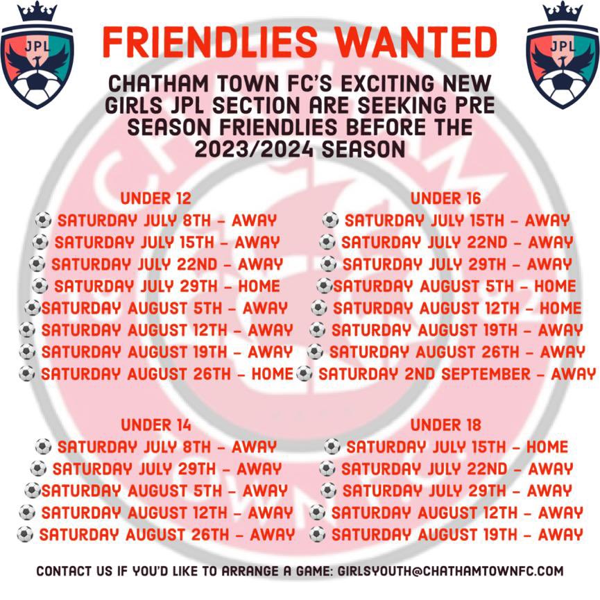 Chatham Town Youth (@chatham_youth) on Twitter photo Our brand NEW @jpluk girls teams are after friendlies at u12, u14, u16 & u18. Available dates are shown below. Anyone interested please get in touch via email 📧 @girlsyouth@chathamtownfc.com
<a href="/JPL_WARRIORS/">JPL Warriors 🛡️</a> @XLFAcademy <a href="/bromleyfcyouth/">Bromley FC Youth</a> @VCDGirls @WellingGirls <a href="/WoSo_Friendlies/">WoSo Friendly Finder</a> Our brand NEW @jpluk girls teams are after friendlies at u12, u14, u16 & u18. Available dates are shown below. Anyone interested please get in touch via email 📧 @girlsyouth@chathamtownfc.com
<a href="/JPL_WARRIORS/">JPL Warriors 🛡️</a> @XLFAcademy <a href="/bromleyfcyouth/">Bromley FC Youth</a> @VCDGirls @WellingGirls <a href="/WoSo_Friendlies/">WoSo Friendly Finder</a>