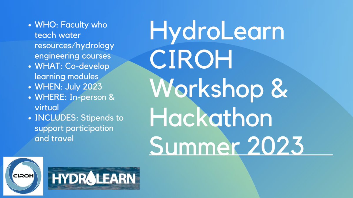 HydroLearn (@hydrolearn) on Twitter photo 🌊💻Join HydroLearn <a href="/UA_CIROH/">CIROH at The University of Alabama</a> Virtual Summer Hackathon & Workshop from July 19-28! Calling hydro & water resources instructors! Develop engaging learning material, collaborate with experts, and enhance teaching skills. #hydrology #water Apply by June 18: tinyurl.com/HLCIROH23 🌊💻Join HydroLearn <a href="/UA_CIROH/">CIROH at The University of Alabama</a> Virtual Summer Hackathon & Workshop from July 19-28! Calling hydro & water resources instructors! Develop engaging learning material, collaborate with experts, and enhance teaching skills. #hydrology #water Apply by June 18: tinyurl.com/HLCIROH23