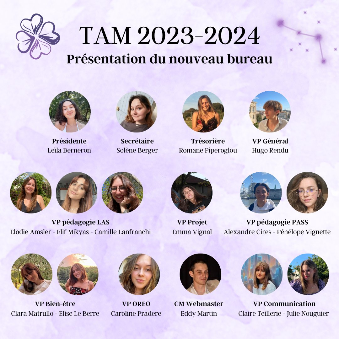 [NOUVEAU BUREAU 2023-2024]

Hello ✨
Voici le nouveau bureau du TAM pour l’année 2023-2024. Nous sommes très heureux de nous lancer dans ce mandat et d’accompagner tout au long de l’année les nouveaux étudiants en PASS et en LAS.

A bientôt pour la suite de la TAMventure ! 🍀