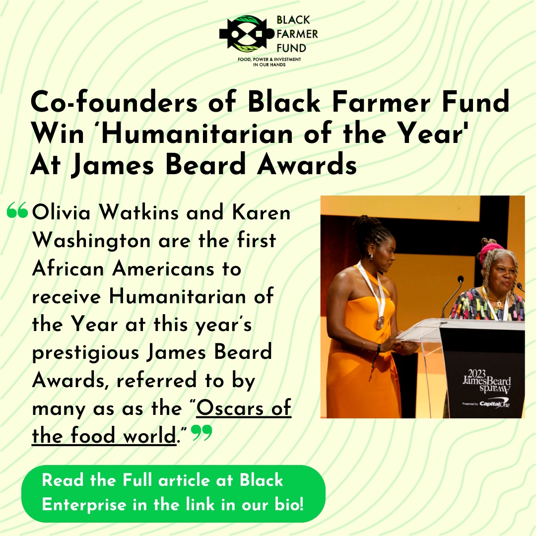 Black Farmer Fund (@blackfarmerfund) on Twitter photo Congratulations to our Co-Founders, Olivia Watkins and Karen Washington, for receiving the James Beard Award for Humanitarians of the Year!
To read the full coverage of their award on <a href="/BlackEnterprise/">Black Enterprise</a>!
l8r.it/uz9F Congratulations to our Co-Founders, Olivia Watkins and Karen Washington, for receiving the James Beard Award for Humanitarians of the Year!
To read the full coverage of their award on <a href="/BlackEnterprise/">Black Enterprise</a>!
l8r.it/uz9F