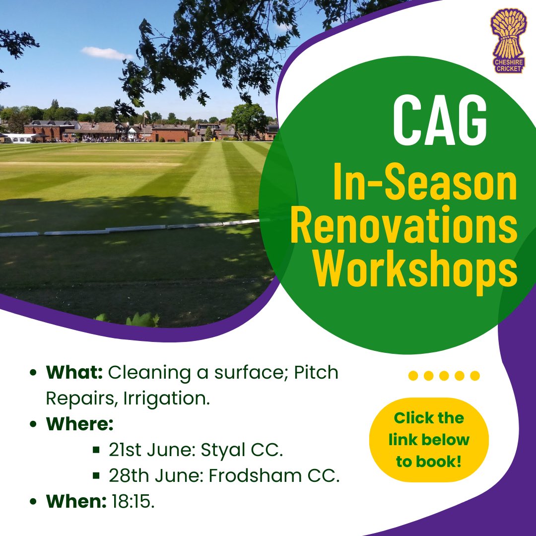 Cheshire Grounds Association supported by County Pitch Advisors and CCB are running In-Season Renovation Workshops in the next few weeks.

Booking link: forms.office.com/e/STZmcR6fYY

Please email andrew.jackson@cheshirecricketboard.co.uk for more information!