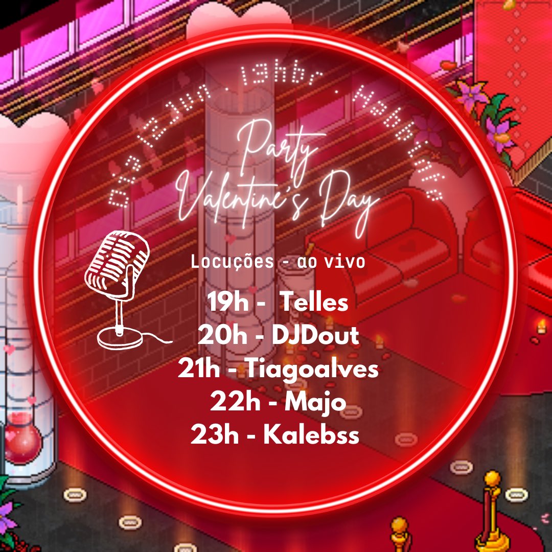 E o clima de romance está no ar por aí também? Com muito lovezinho saiu a sequencia mais DESEJADA, com a ilustre presença de  nossos locutores.🎙️ 

✨ Sintonize na Rádio Lella se apaixone com muita diversão, e musica boa.  🥰♥️
Início: 19hBR (+4hPT) 
Local: @Habbinfo