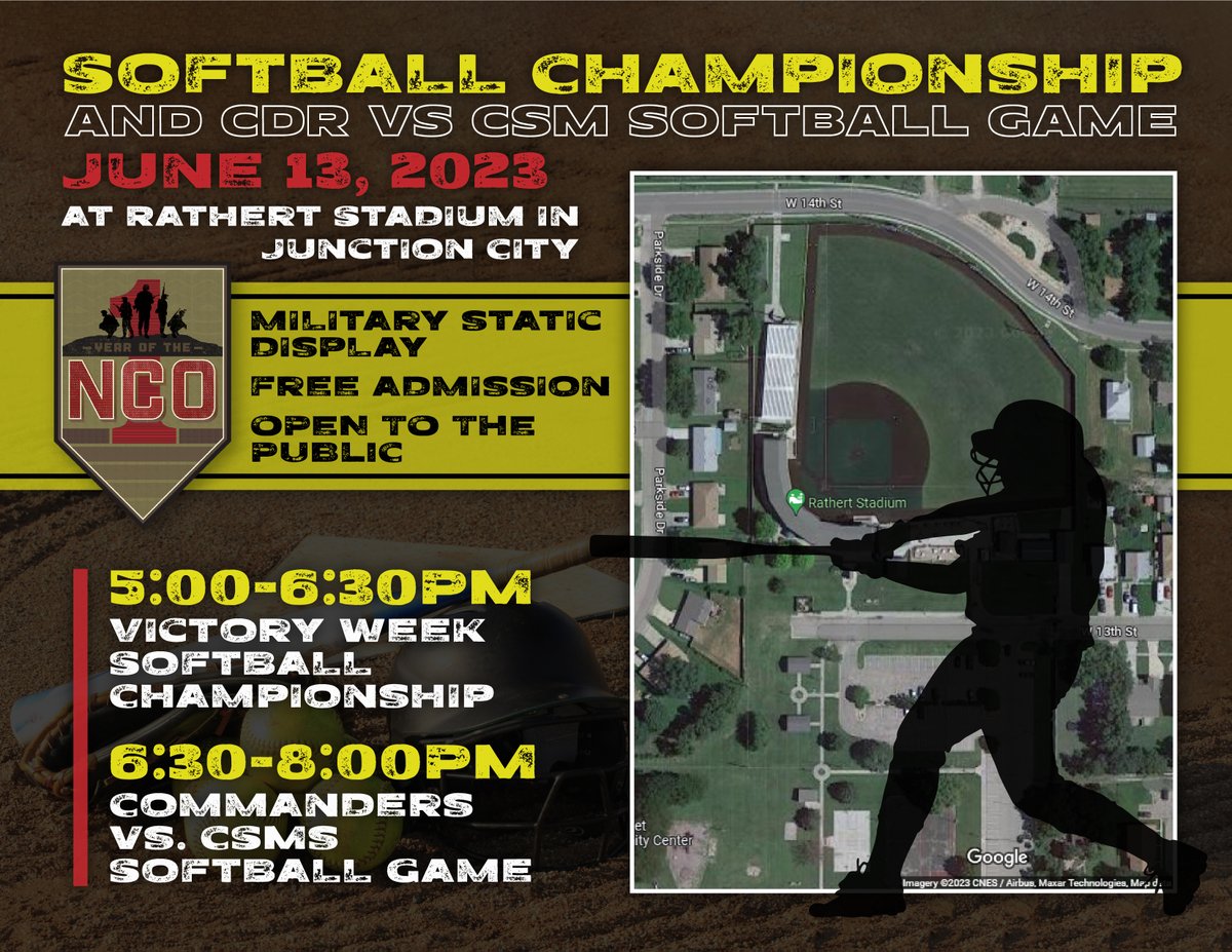 FortRiley's tweet image. #FightingFirst Victory Week softball championship games will take place at Junction City's Rathart Hall Tuesday, June 13 starting at 5:00 PM. Championship game will be followed by a Commander vs. CSM exhibition. FREE admission and the public is invited to attend.