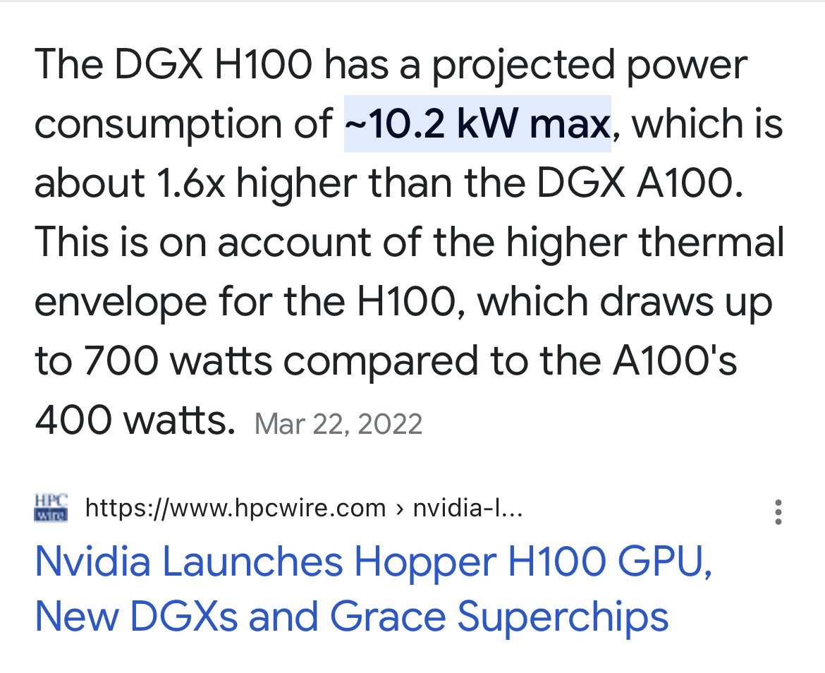 It will become apparent to everyone fairly quickly that datacenter capacity will be a big issue for AI workloads. Most datacenters deliver ~7.5kw per rack. Single nvda H100 server needs ~10.2kw.  $apld <a href="/APLDdigital/">Applied Digital</a>