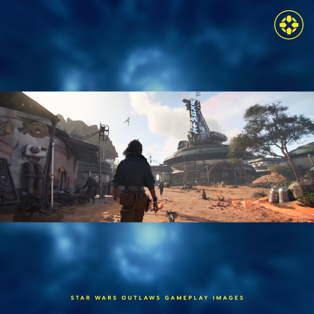 IGN's tweet image. Check out these new images from Star Wars Outlaws' gameplay reveal which feature third-person action, speeder bike chases, and space battles! #UbiForward #IGNSummerOfGaming