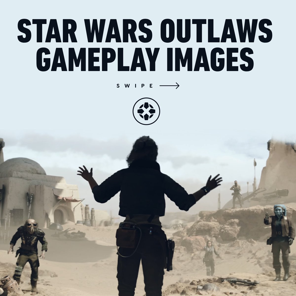 IGN's tweet image. Check out these new images from Star Wars Outlaws' gameplay reveal which feature third-person action, speeder bike chases, and space battles! #UbiForward #IGNSummerOfGaming
