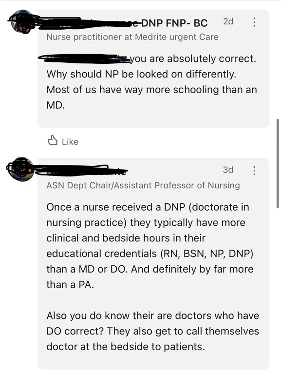 HalstedMD's tweet photo. "Most of us have way more schooling than an MD."

#MedTwitter
#StopScopeCreep
#NPsLead? https://t.co/3lIPDTZkNC