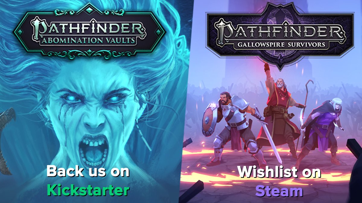 We're thrilled to have finally revealed the two games we're working with @paizo!

-Pathfinder: #GallowspireSurvivors, a roguelite bullet hell survivor arriving on PC:  store.steampowered.com/app/2388460/Pa…

-Pathfinder: #AbominationVaults, a coop Hack & Slash ARPG: kickstarter.com/projects/bkoms…